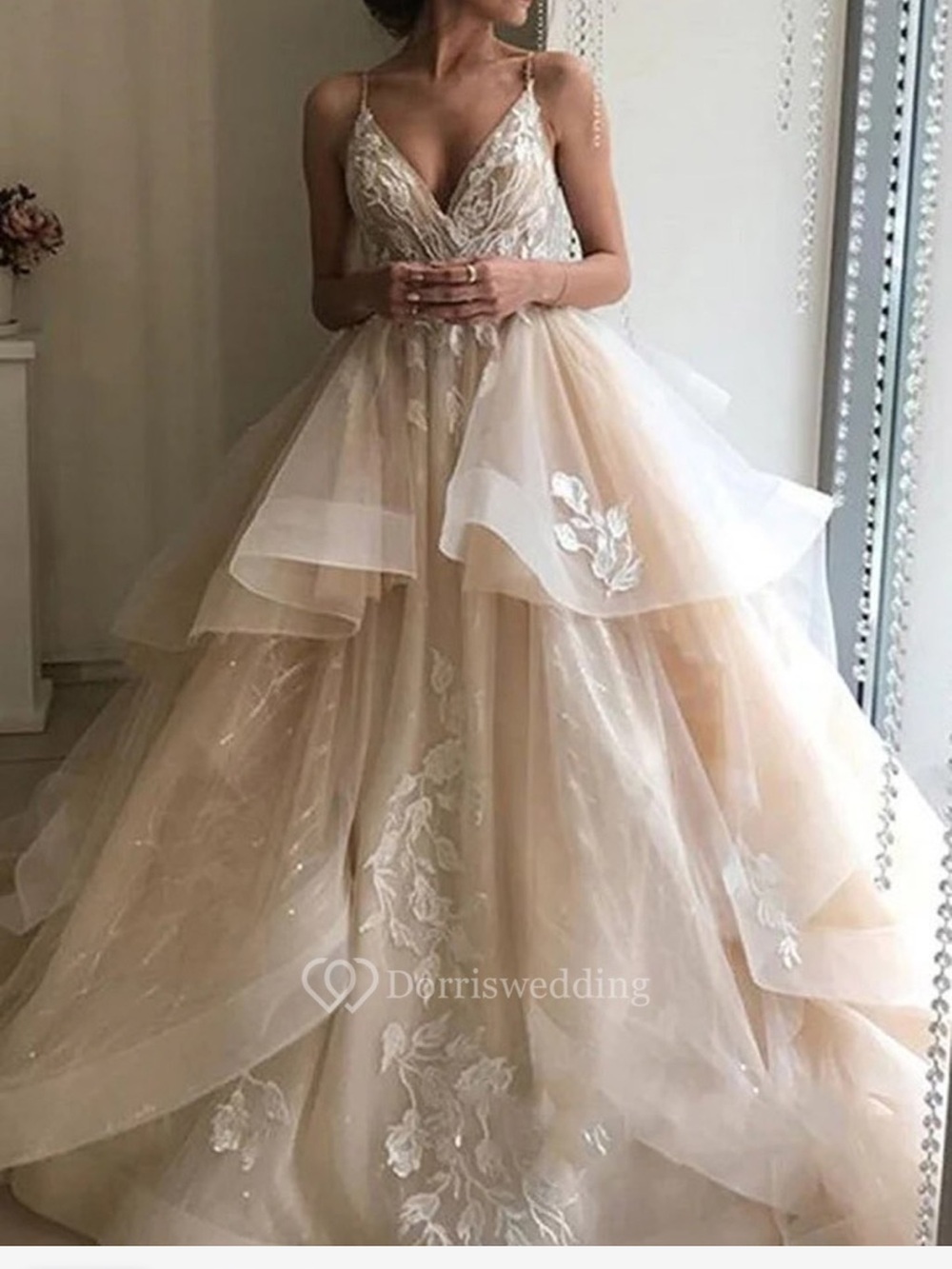 Spaghetti Strap Lace Appliqué Ball Gown Dress in Blush
